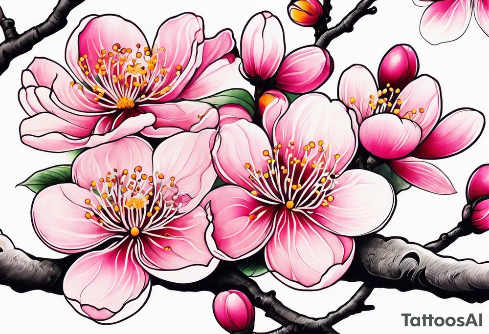 Vibrant, pink plum blossom flowers tattoo idea