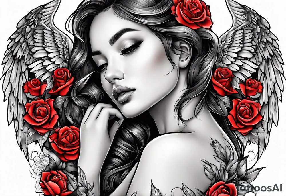 Beautiful woman angle with wings standing from head to toe imagine surrounded by roses tattoo idea