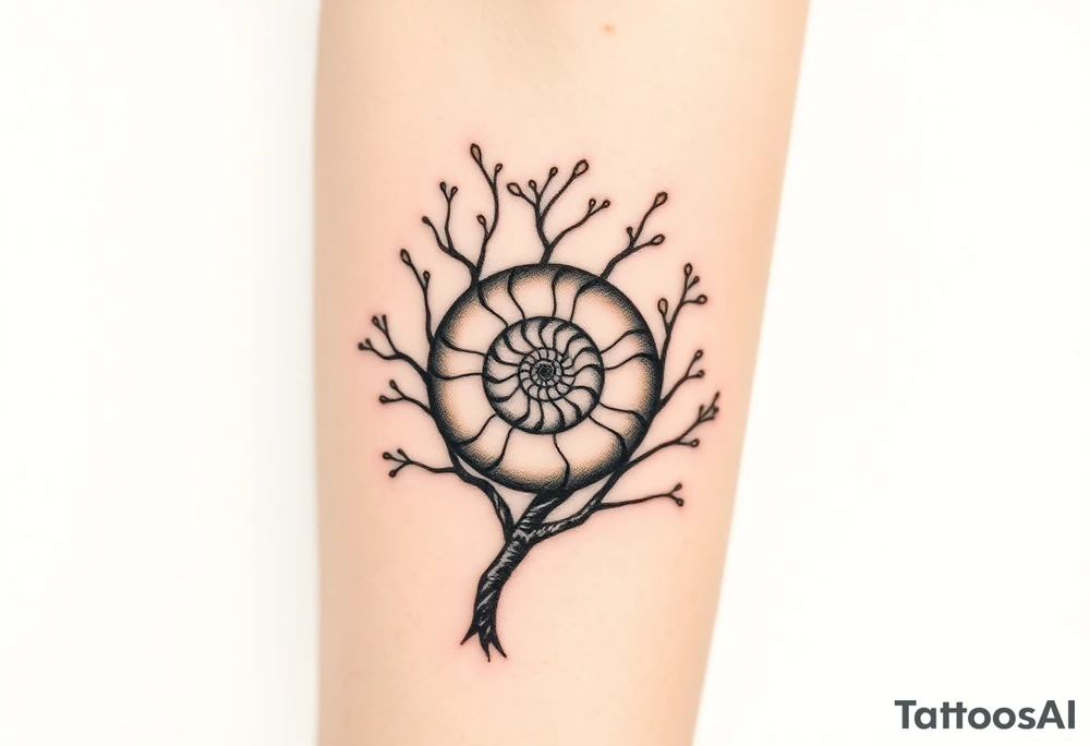 Fibonacci spiral shell inside of tree tattoo idea