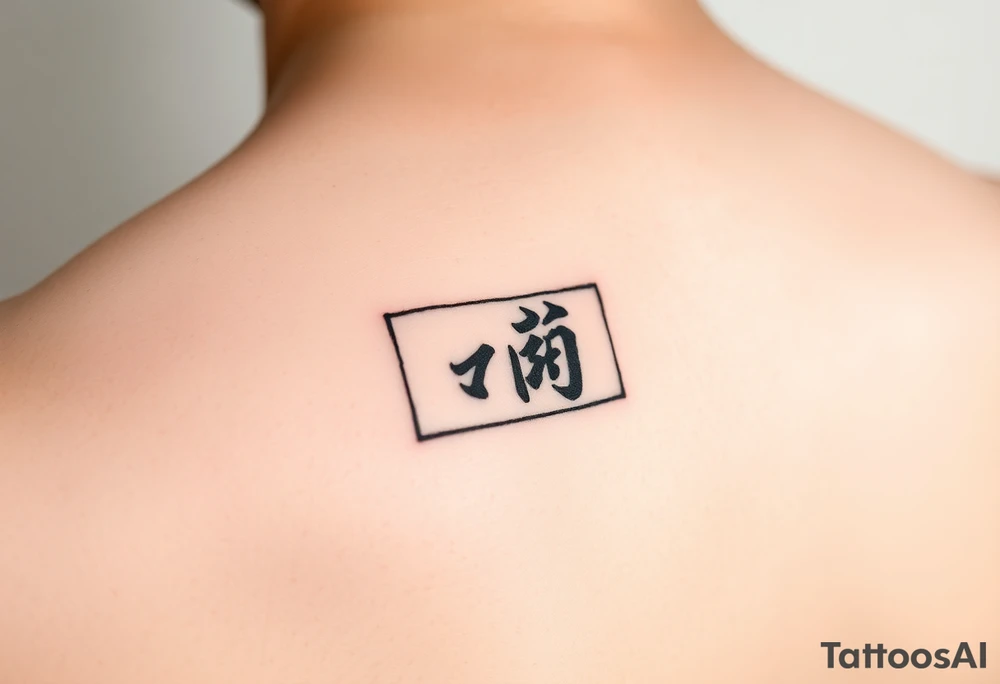 Black rectangle tattoo (like phone screen) with single Kanji '悟' (enlightenment) inside. Matte effect, no shine. 5x3cm, inner arm placement. tattoo idea