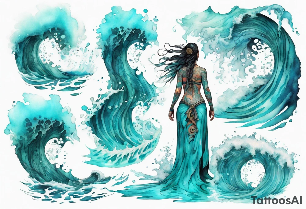 a turquoise Na'vi woman standing in the sea surrounded by crashing waves tattoo idea