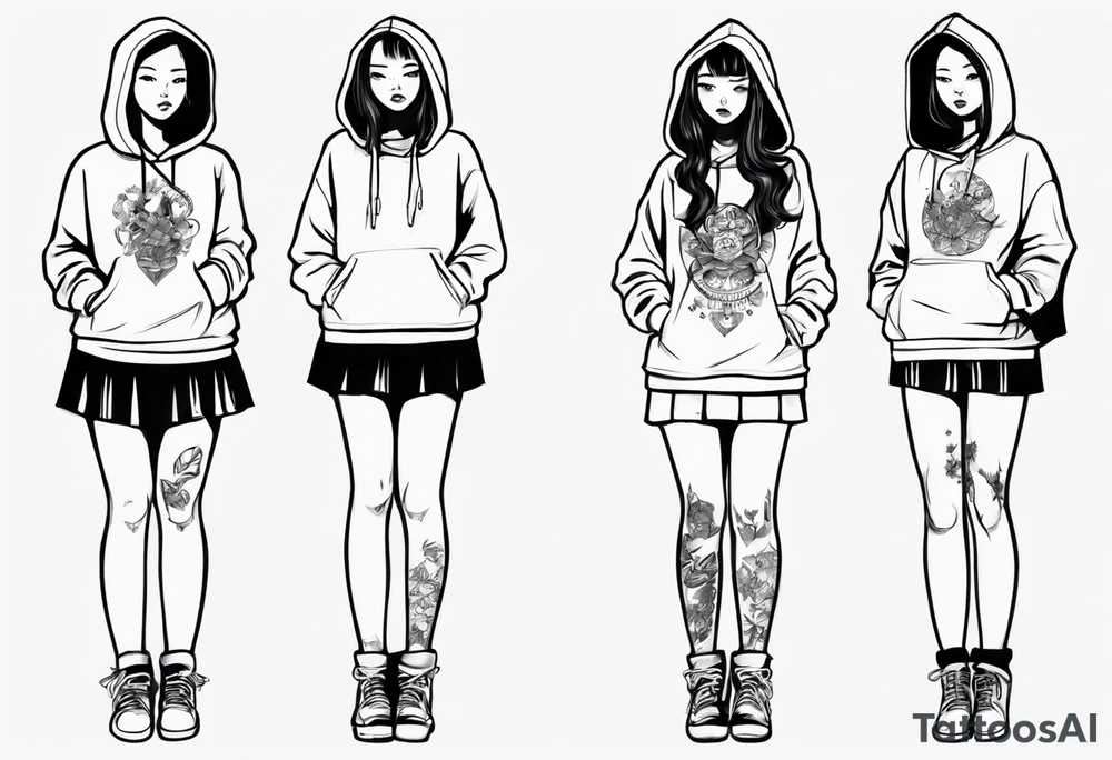 A person in short skirt wearing a hoodie with her legs crossed tattoo idea