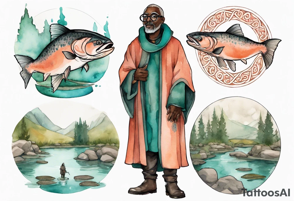 a 50-year-old medieval black man wearing salmon and teal cloak and round glasses standing by a pond with a salmon in it tattoo idea