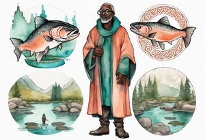 a 50-year-old medieval black man wearing salmon and teal cloak and round glasses standing by a pond with a salmon in it tattoo idea