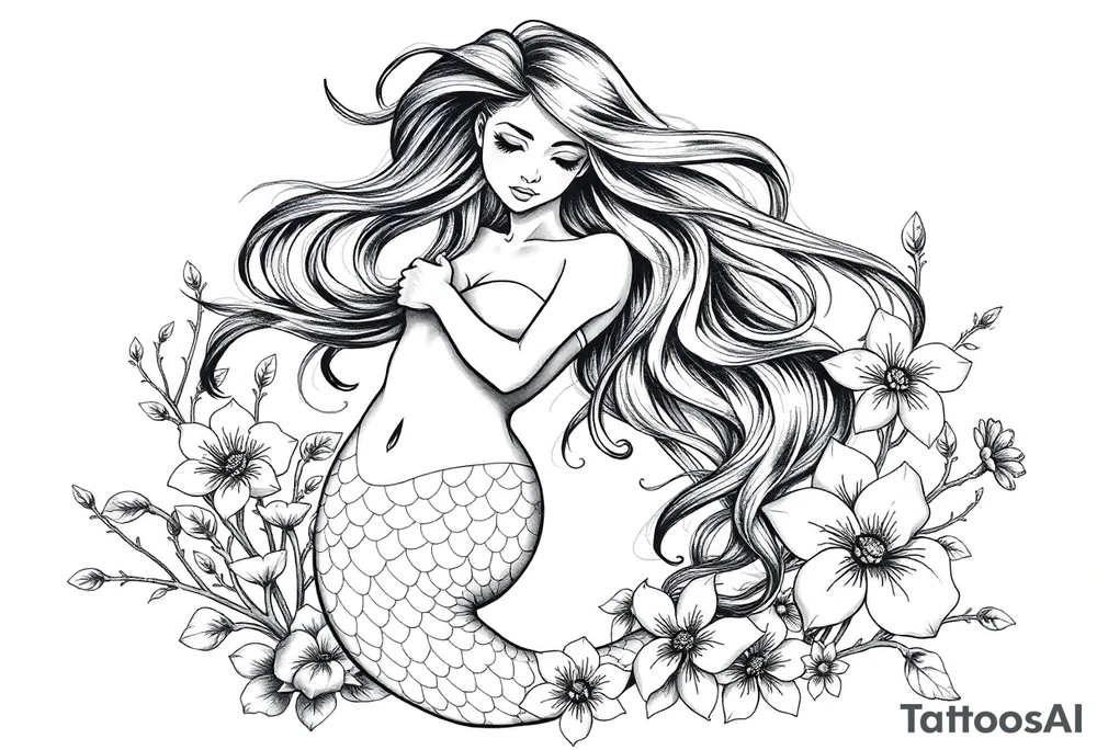 ethereal mermaid with flowing hair among coral and sea flowers tattoo idea