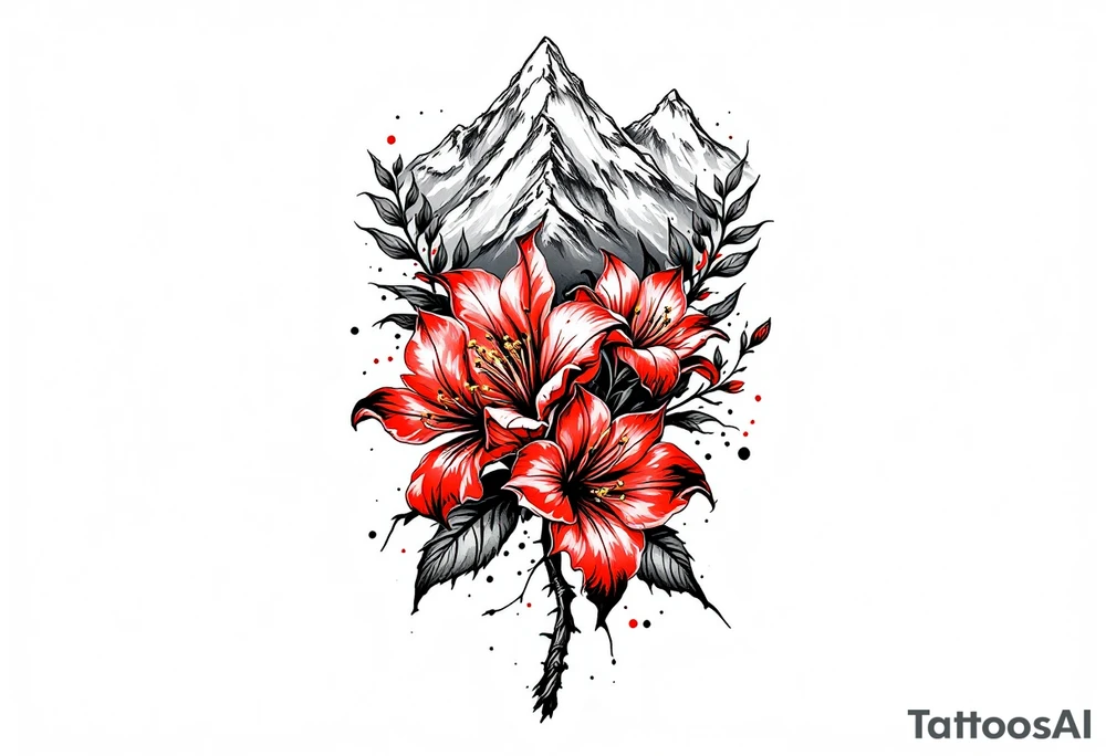 vertical wrist size red  and black rhododendron trippy with Himalayas behind tattoo idea