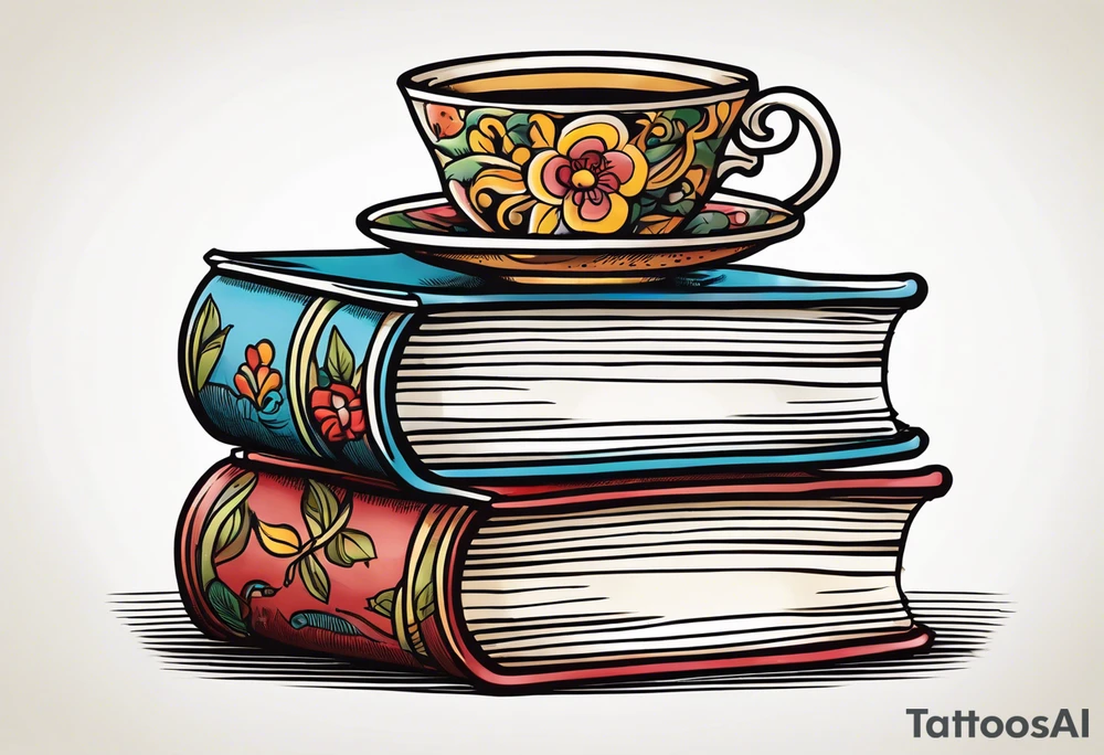 Stack of 3 books with old fashioned leather bindings.  On top of stack is a vintage English tea cup and saucer full of coffe.  Neo American tattoo style tattoo idea