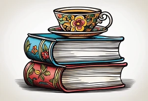 Stack of 3 books with old fashioned leather bindings.  On top of stack is a vintage English tea cup and saucer full of coffe.  Neo American tattoo style tattoo idea