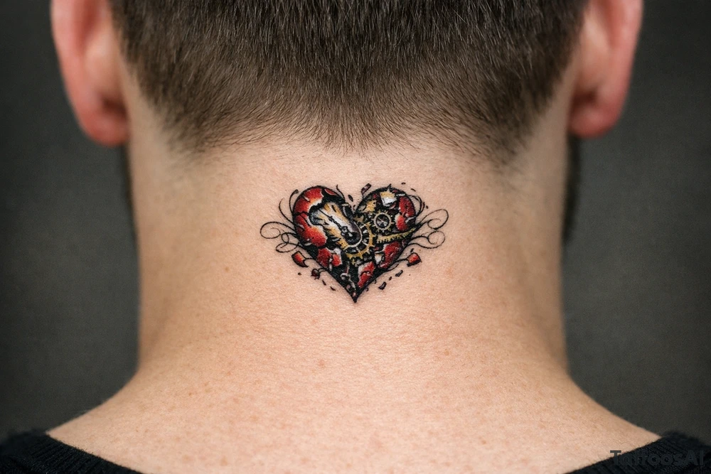 Surreal heart with clockwork gears breaking apart, script entwined. tattoo idea