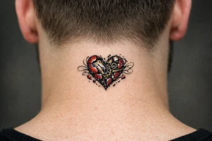 Surreal heart with clockwork gears breaking apart, script entwined. tattoo idea