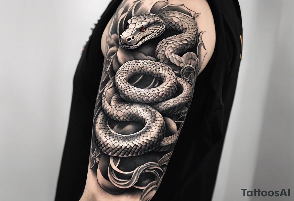 Arm sleeve with a snake winding around and down the arm, being killed by biblically accurate angels. tattoo idea
