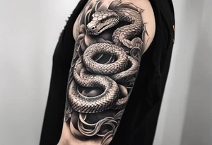 Arm sleeve with a snake winding around and down the arm, being killed by biblically accurate angels. tattoo idea