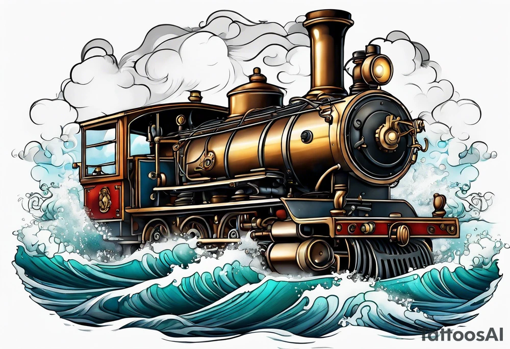 Steam engine hovering above a wild sea. tattoo idea