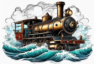 Steam engine hovering above a wild sea. tattoo idea