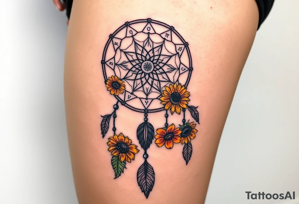 Dreamcatcher with zodiac symbols and protection runes caught in it with tigerlillies roses and sunflowers tattoo idea