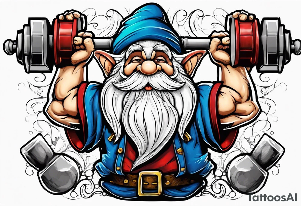 Strong old gnome lifting dumbells tattoo idea