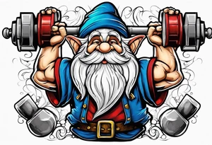 Strong old gnome lifting dumbells tattoo idea