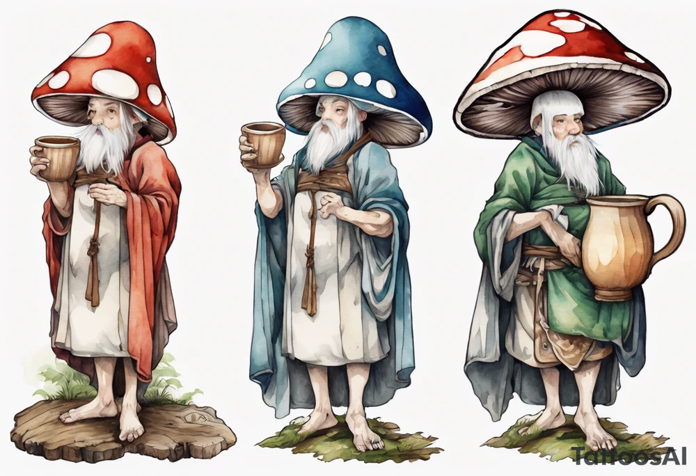 mushroom wearing a medieval tunic drinking from a wood cup tattoo idea
