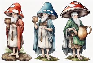 mushroom wearing a medieval tunic drinking from a wood cup tattoo idea