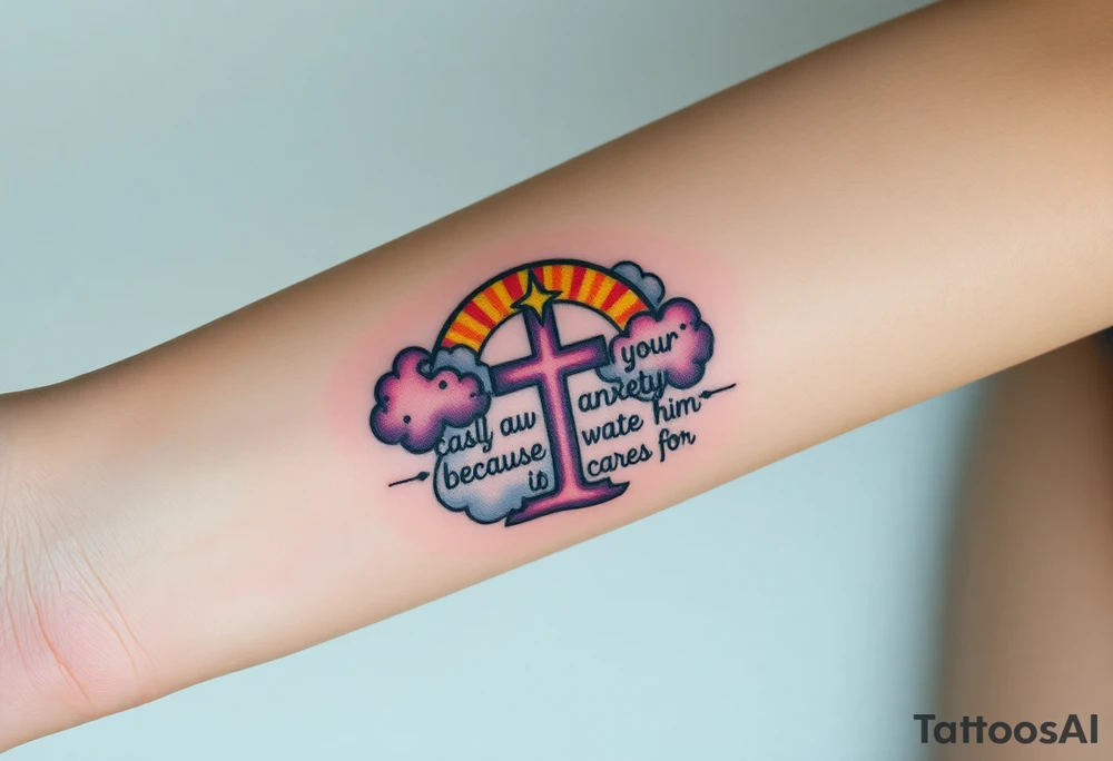 cast all your anxiety on him because he cares for you"  surrounded with clouds and cross tattoo idea