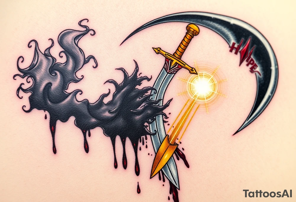 A brilliant sword with a golden hilt, sparkling with rays of light, clashing against a dark, menacing scythe, dripping with black mist and dark crimson blood, creating a dynamic contrast between hope and despair tattoo idea