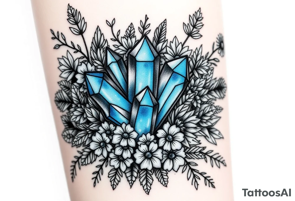 cluster of three vibrant blue crystals interwoven between foliage so that it looks like the leaves and foliage and flowers are weaving in and out and wrapping around the crystals. 

Surround these with a dense arrangement of black-and-grey foliage, flowers, and shrubs. The crystals should be faceted, standing out vividly in blue against the surrounding monochrome elements.

Integrate additional smaller crystal clusters (each with 3–4 crystals) throughout the foliage, but render these in fine black-and-grey linework so they blend naturally with the botanical elements. Use dotwork and fine shading for depth, with clean linework that balances organic foliage with the sharp geometry of the crystals.

All elements are black and grey except the main central crystal cluster, which is a striking blue. tattoo idea