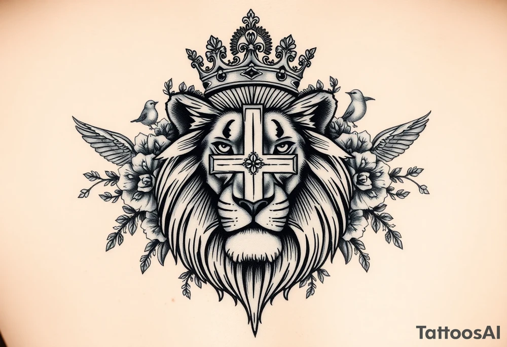 powerful majestic lion with a King crown, surrounded by floral oranaments and birds with a cross brought to backwards to seemingly fit and match. For the cross: the cross must be ion the middle of the crown lion through it's in the background (brounght backwards) but the horintal and vertical points can be seen outside thr crown lion. The cross must be bigger than the crown lion. Howver in the background (covered by the lion) exect the horixontal and verytical points tattoo idea