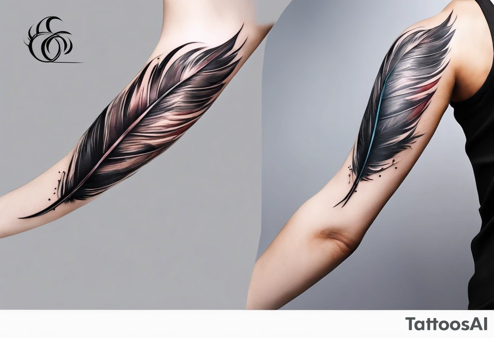 The tattoo begins on the left arm, at the elbow, where feathers are flying under the action of the wind towards the left hand. These feathers share the air space with branches that have leaves, and both elements move together up the left arm. As they approach the shoulder, some lightning appears between them. At this point, the feathers start to converge toward the left chest, where a vortex of energy reveals the head of an owl. The branches converge toward the left side of the back, passing over the shoulder. On the left side of the back, there is a dense, psychedelic element representing the energy of life's creation, with references to the earth, element, and planet. There is also a clay house in this area. tattoo idea