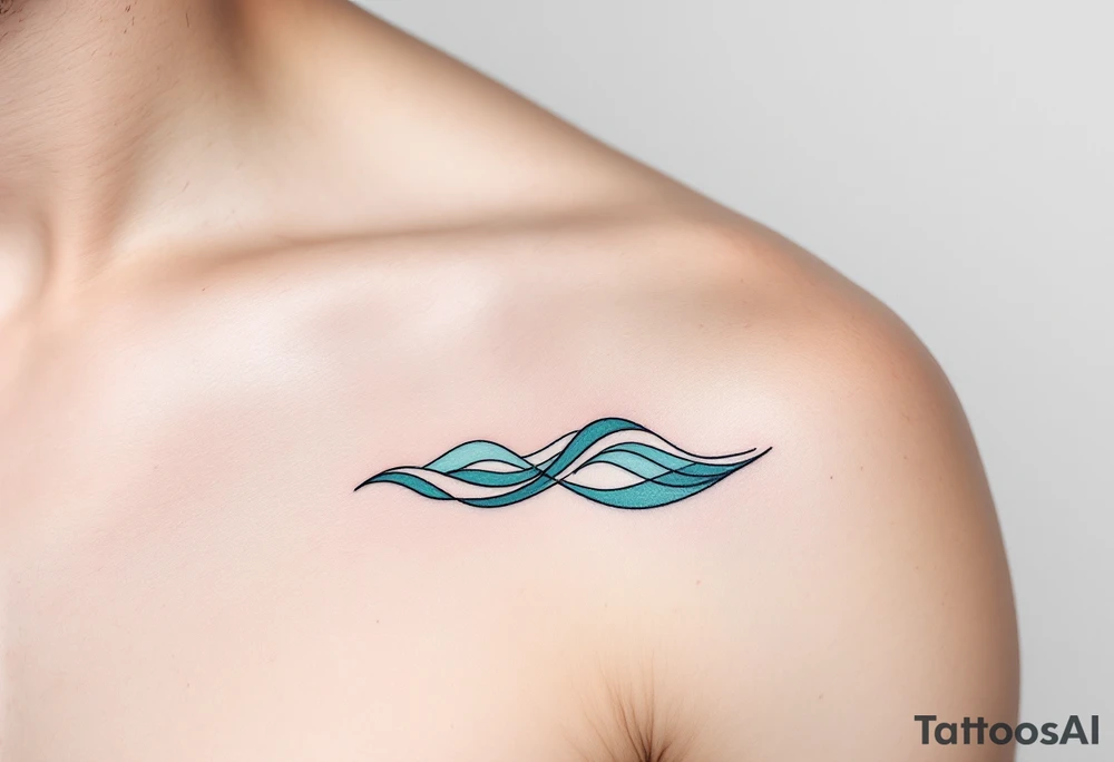 Fine-line II.VI.MMXIX in dark ink on the inner bicep, with stylized waves in desaturated teal flowing beneath. tattoo idea