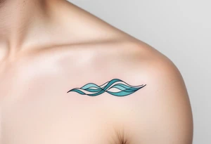 Fine-line II.VI.MMXIX in dark ink on the inner bicep, with stylized waves in desaturated teal flowing beneath. tattoo idea