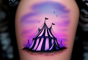 Tim Burton’s circus tent tilts under a violet sky, its black-and-white stripes dripping into the ground. tattoo idea