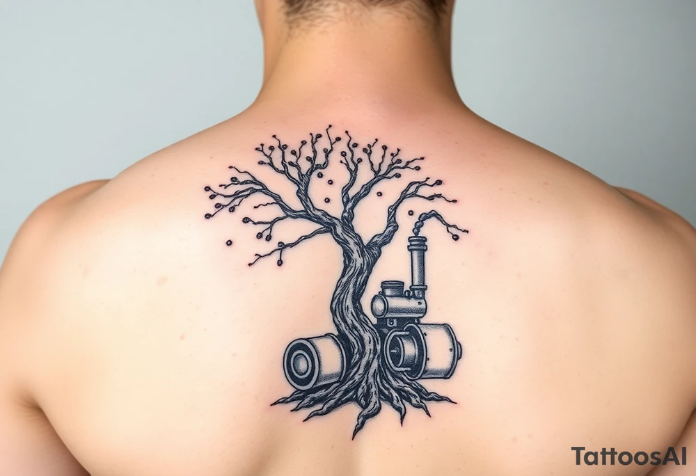 tree growing out of an engine with a smoke stack coming out of the top of the tree billowing black smoke with a steam punk vibe tattoo idea