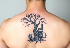 tree growing out of an engine with a smoke stack coming out of the top of the tree billowing black smoke with a steam punk vibe tattoo idea