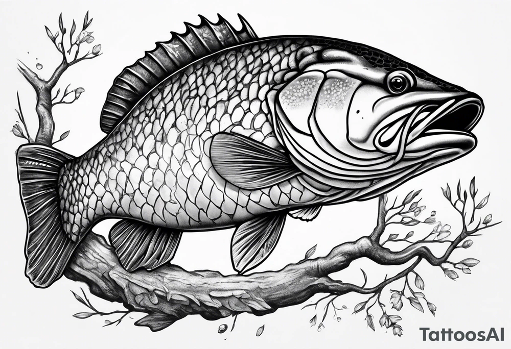 Murray cod with a hook in its mouth, shrimp and yabbie on a tree branch tattoo idea