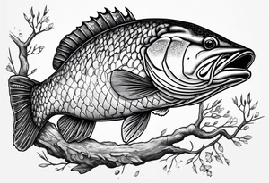 Murray cod with a hook in its mouth, shrimp and yabbie on a tree branch tattoo idea