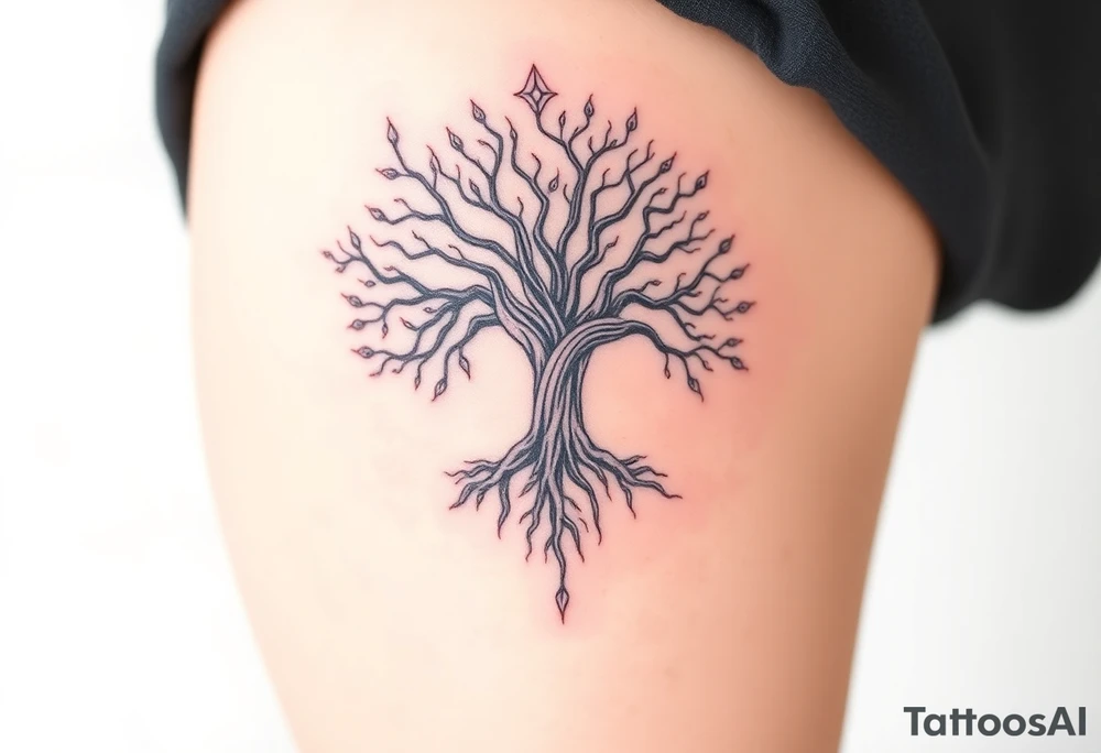 mystical tree of life with cosmic roots and celestial branches tattoo idea