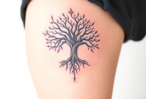mystical tree of life with cosmic roots and celestial branches tattoo idea