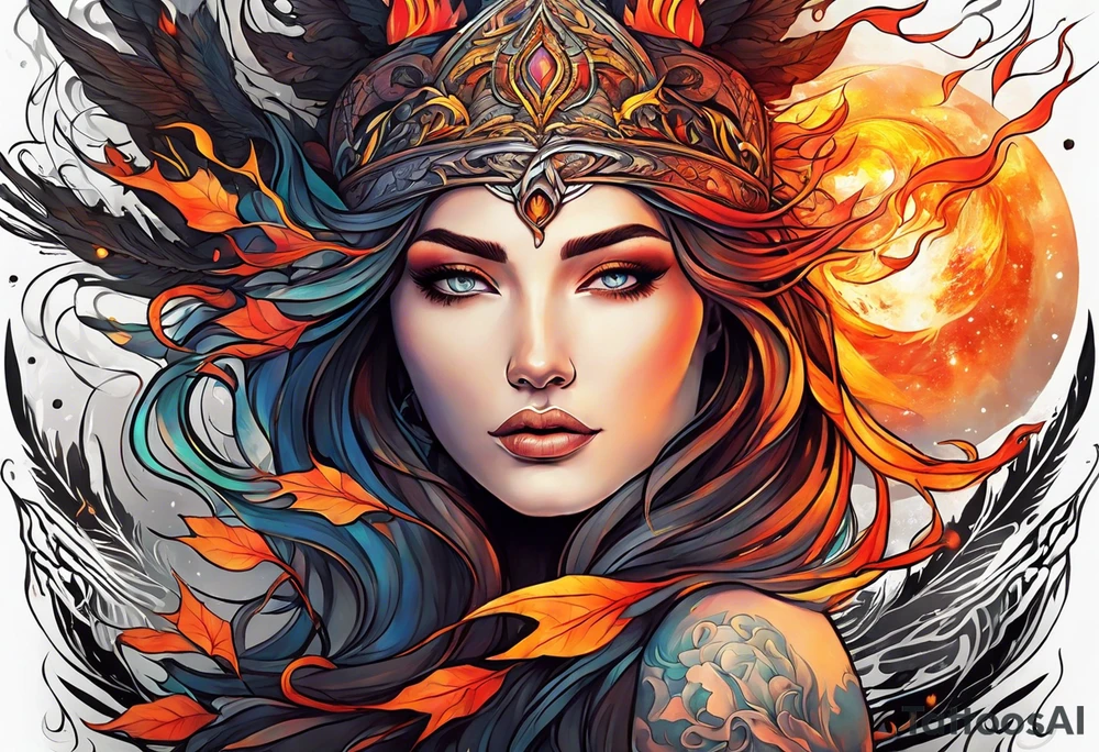 Resurrection strength and courage overcoming trauma Beautiful Woman leaving a world of fire, chaos and fear  to inner peace and self-love  ethereal tattoo idea