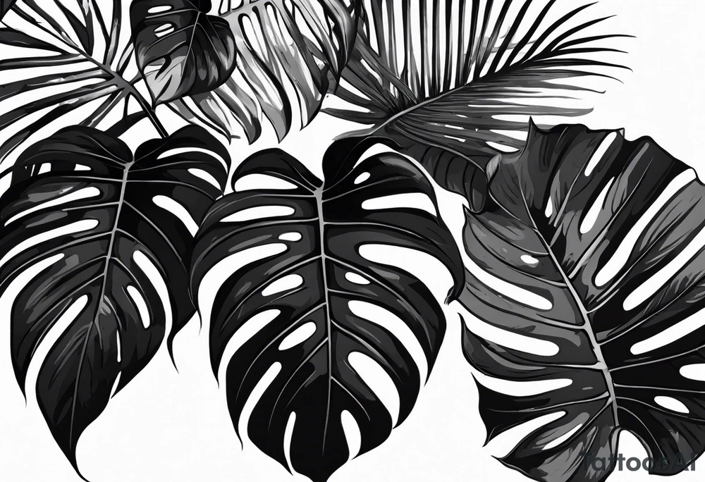 Tropical leaves with foliage monstera and Alocasia line work sleeve tattoo idea