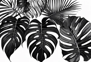 Tropical leaves with foliage monstera and Alocasia line work sleeve tattoo idea