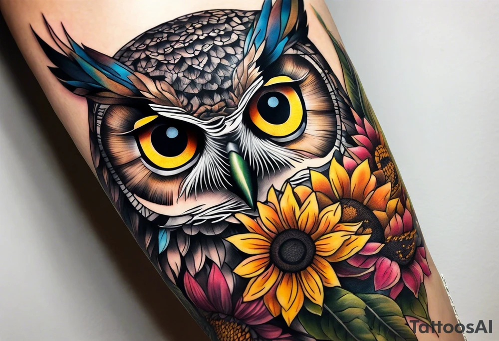 Leg sleeve with colorful sunflowers and an owl tattoo idea