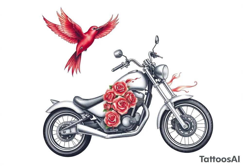 Motorcycle, two red birds flying, roses and lace, flames tattoo idea