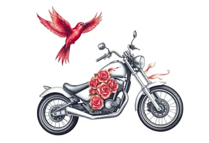 Motorcycle, two red birds flying, roses and lace, flames tattoo idea