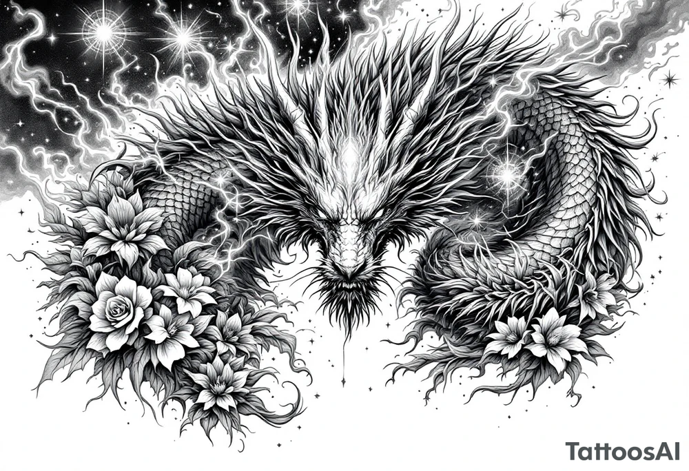 legendary dragon scene with energy aura flowers power effects tattoo idea