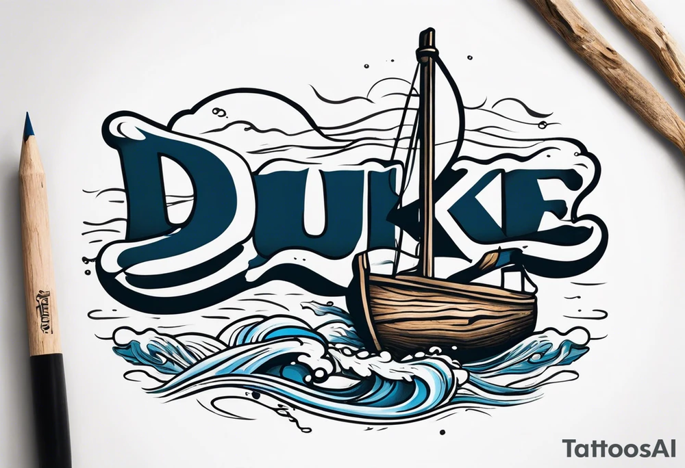 piece of driftwood underwater with the word duke written in the wood tattoo idea