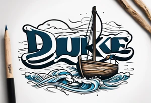 piece of driftwood underwater with the word duke written in the wood tattoo idea