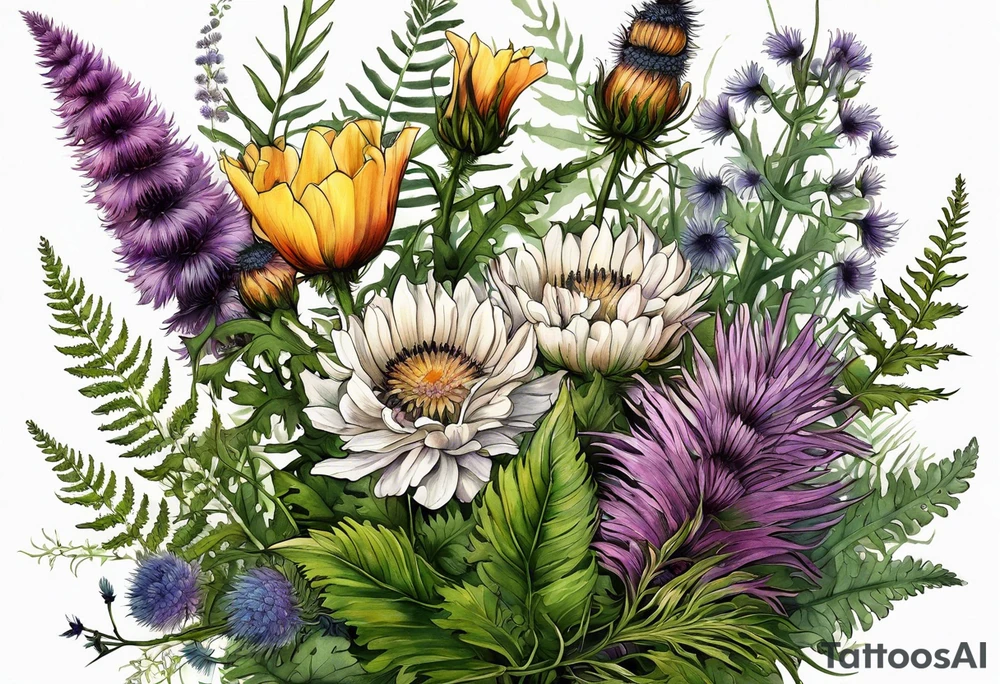 spread out mixed wildflower bouquet with ferns, thistle and with color tattoo idea