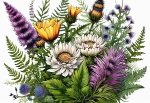 spread out mixed wildflower bouquet with ferns, thistle and with color tattoo idea