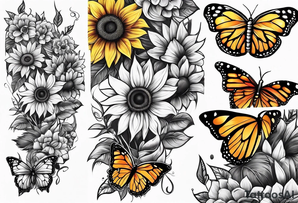 Sunflower and butterfly leg sleeve tattoo idea