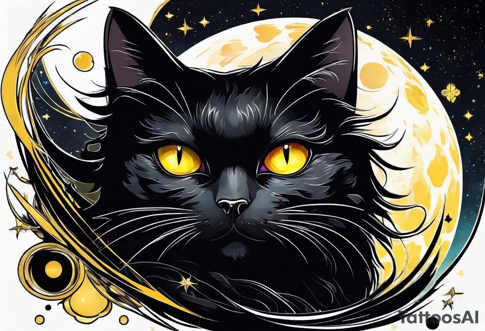 Black Cat with yellow eyes, floating in space tattoo idea